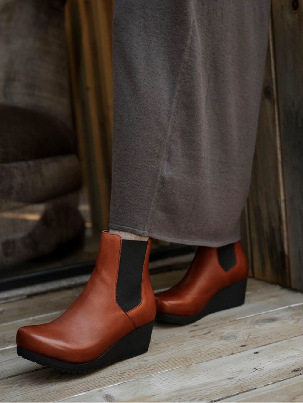 NWT Papillio Ebba Slip On Cognac and Black Leather Wedge Bootie by Birkenstock
